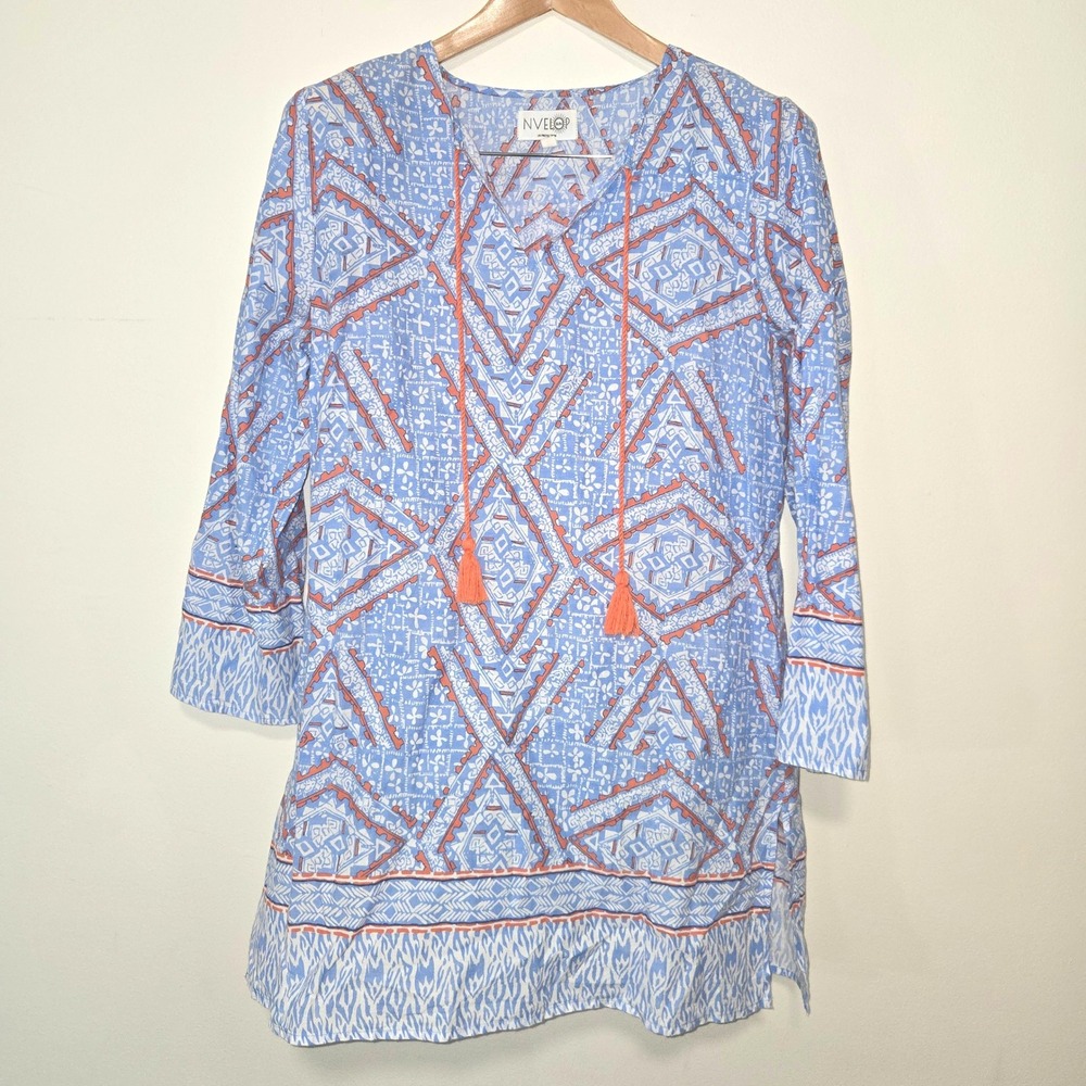 NVELOP Sun Tunic Top Women Large Blue Geometric Tassel UV Protection Cotton